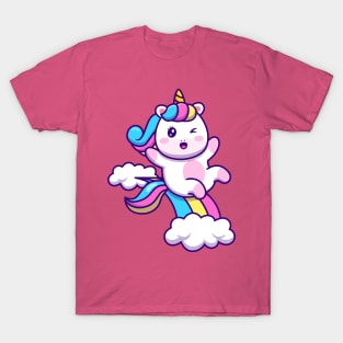 Cute unicorn sliding on rainbow T-Shirt